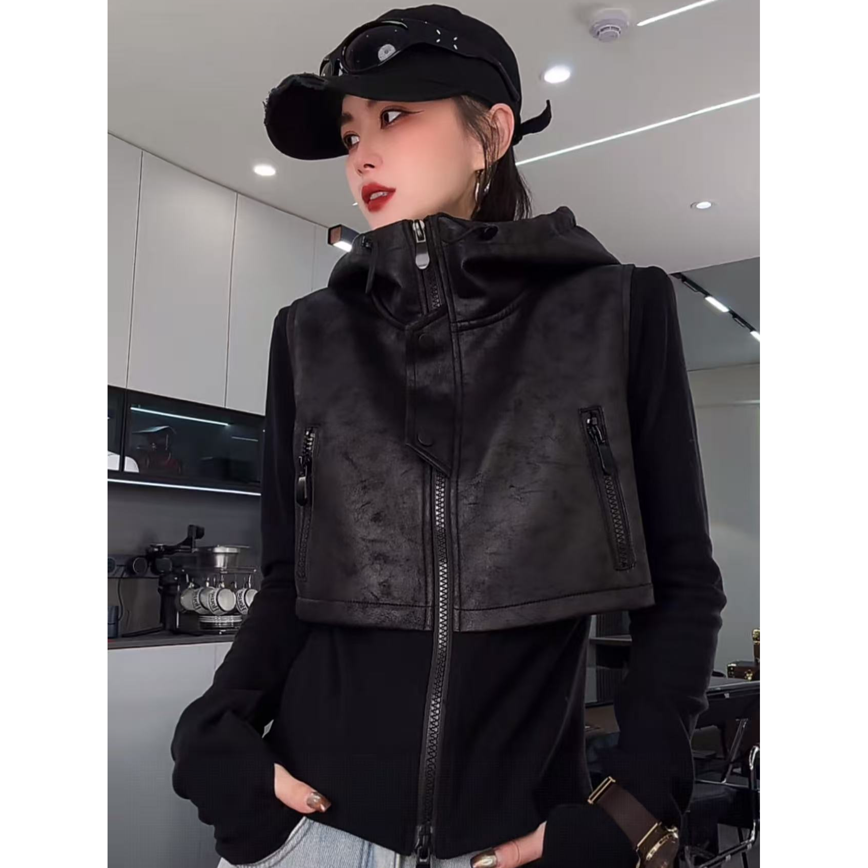 【谢婷婷原创】冬季加绒加厚假两件帽子卫衣时尚百搭上衣女带垫肩