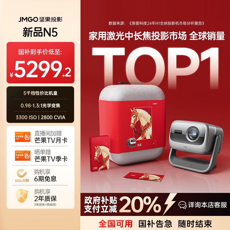 【2026新年版】坚果N5纯三色激光无损光学变焦投影家用4K投影仪