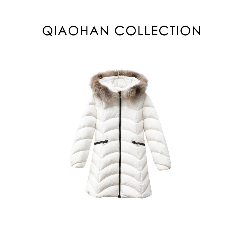 【俏韩—雨林 】狮子头白鹅绒中长款冬季时尚毛领保暖女装连帽羽绒服