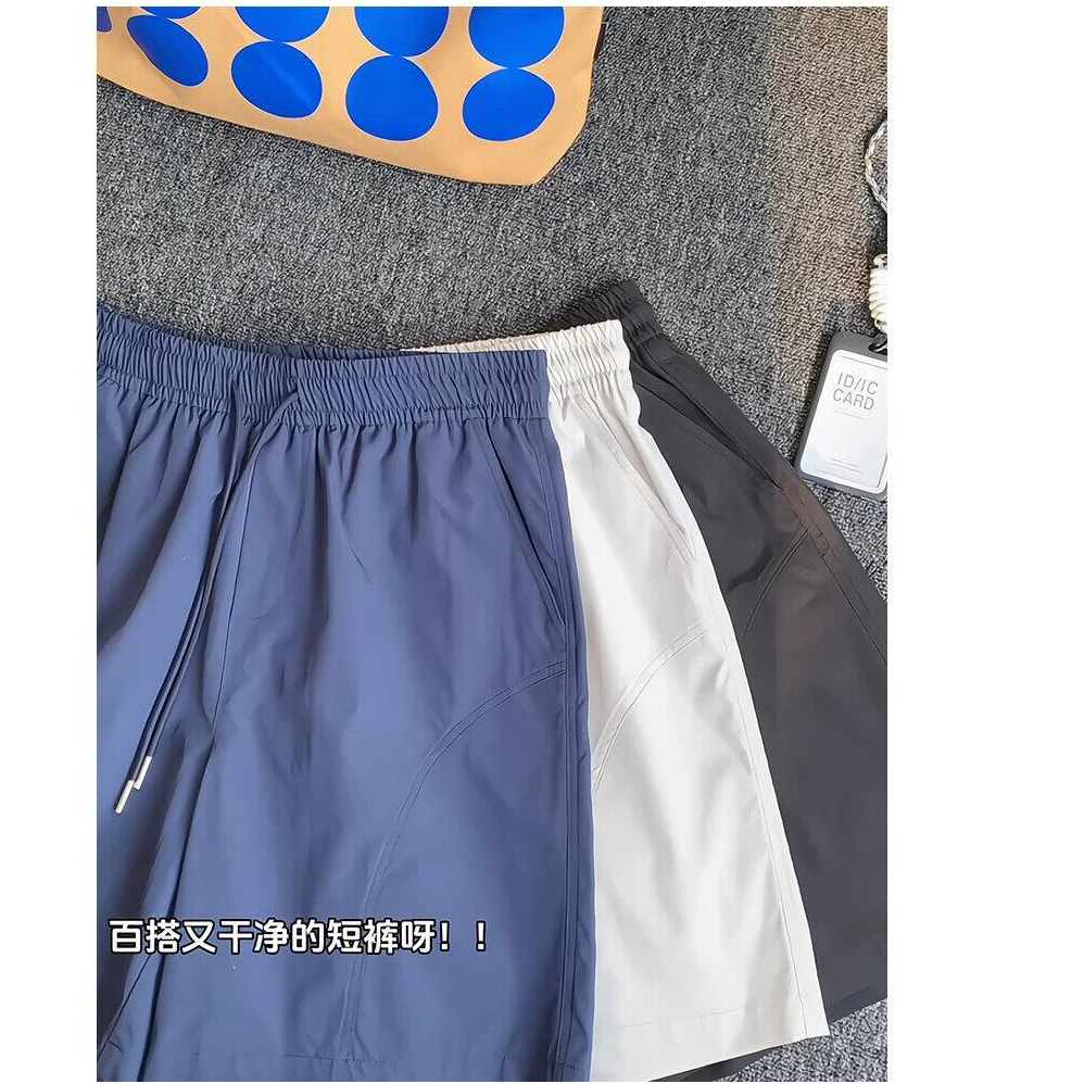 藏青色美式速干短裤男夏季薄款斜切休闲沙滩裤子直筒运动五分中裤