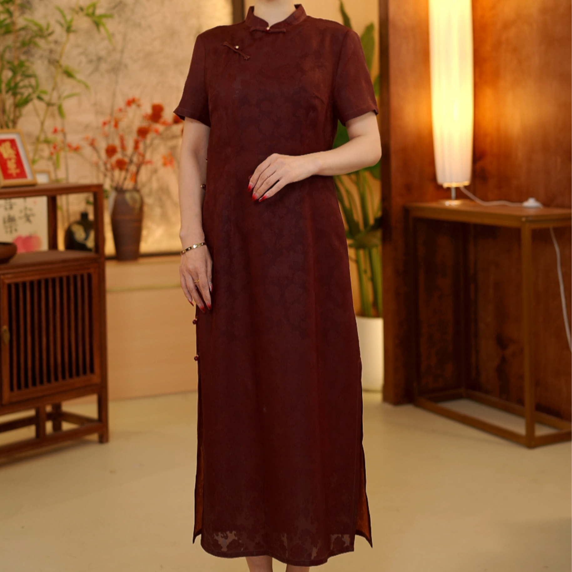 疆 新中式国风 604256 四经绞罗 红云纱 旗袍款 连衣裙 120蓝若衣