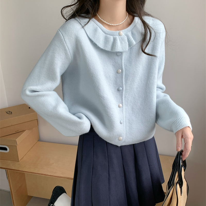 学院风温柔蓝色娃娃领宽松短款外穿甜美减龄针织开衫毛衣外套