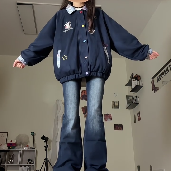 拉链短款学生常规款棒球服复古刺绣百搭时尚情侣小众蓝色ins风