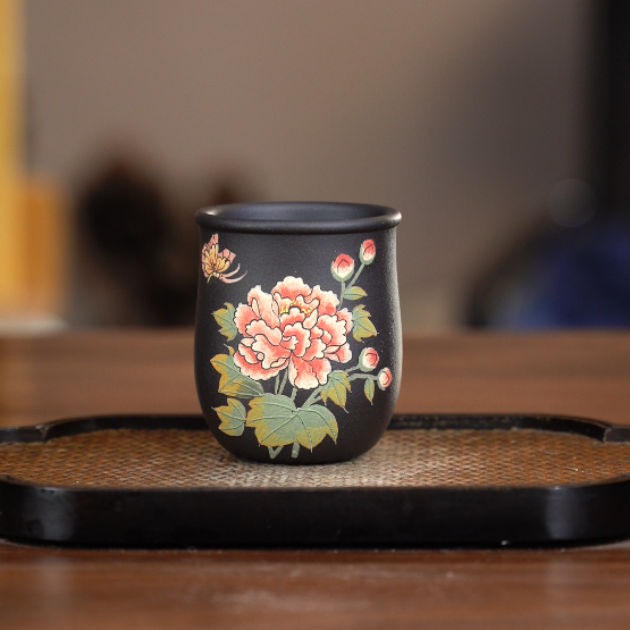 5123原矿紫砂茶具黑墩头堆绘芙蓉花主人杯130cc左右YST