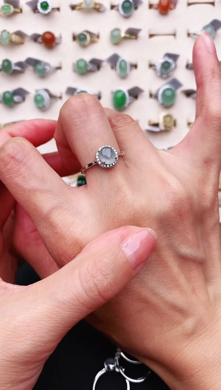 【闪购商品】翡翠戒指银S925镶嵌天然缅甸A货翡翠444   4-5