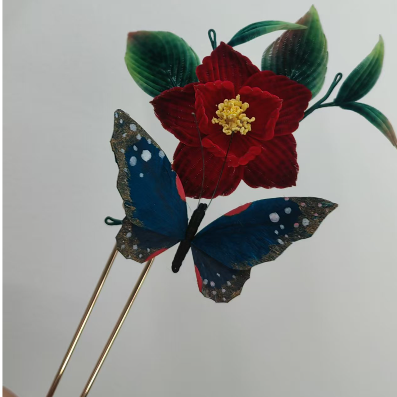 园大大玫瑰原创手工精美古风发夹发簪头饰汉服细绒条红山茶