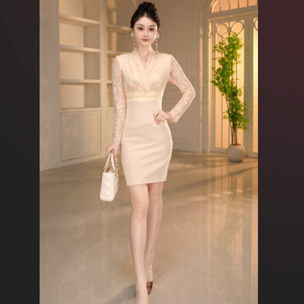 【冯爆爆】长袖性感风拼接印花连衣裙法式包臀时尚气质修身20831