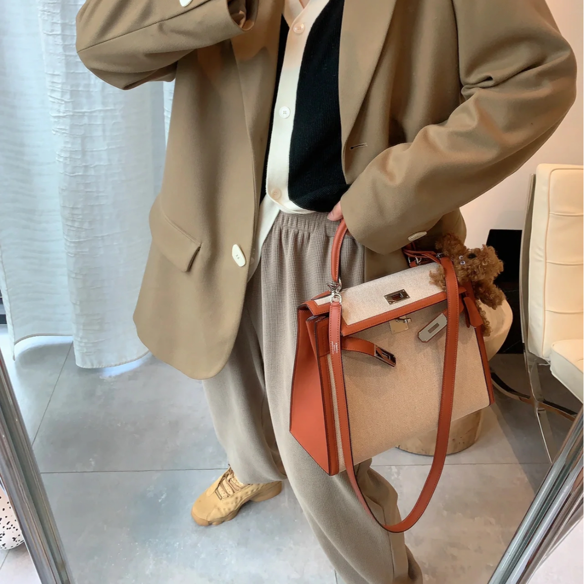 99新 Hermes/爱马仕 小花Jerry kelly 28 帆布拼皮 手提包