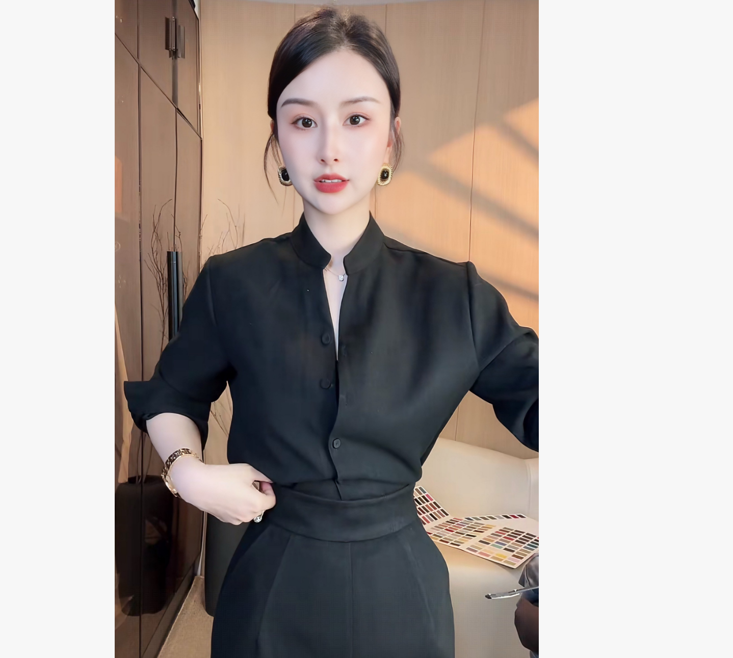 刘欣服饰 秋冬装显瘦气质洋气加厚秋冬款细纹磨毛衬衣上衣5248