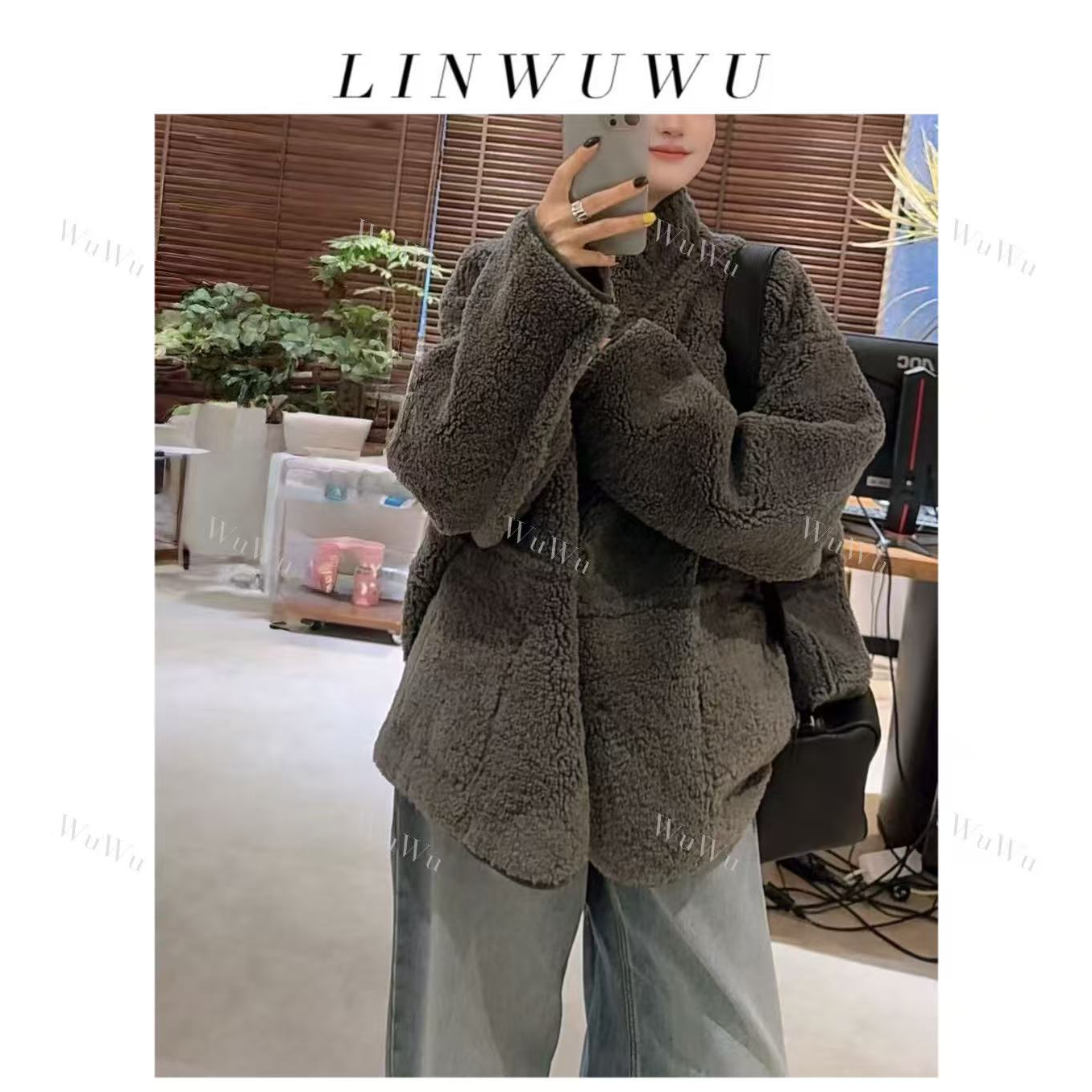 【林五五定制】2025秋冬时尚简约加厚立领纯色两面穿羊羔毛外套