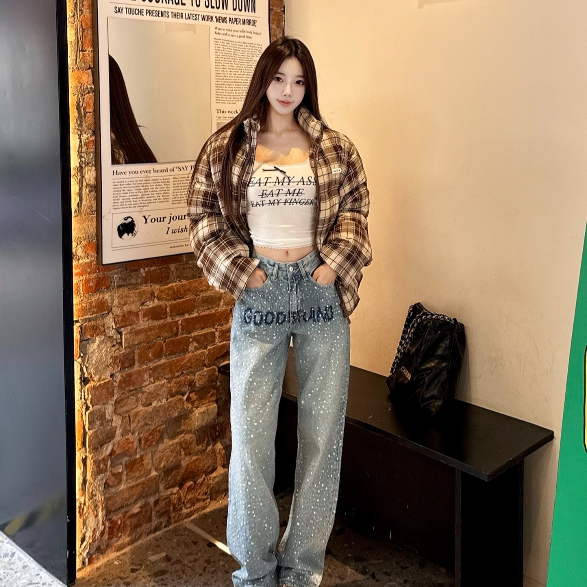 【谷德】GOOD 老白同款满钻字母水印轻奢时尚高级感牛仔裤 男女同款