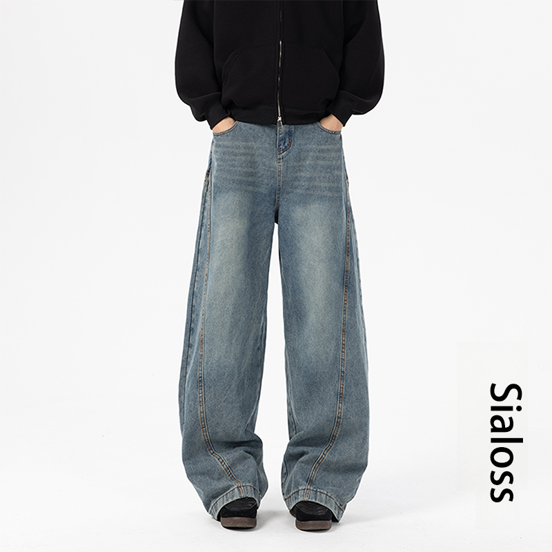 SiaLoss水洗弯刀牛仔裤男美式高街宽松阔腿裤cleanf休闲百搭裤子