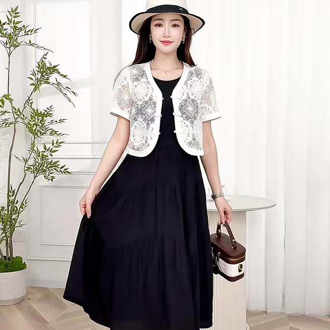 2025气质时尚国风蕾丝外搭连衣裙两件套装 (1912)