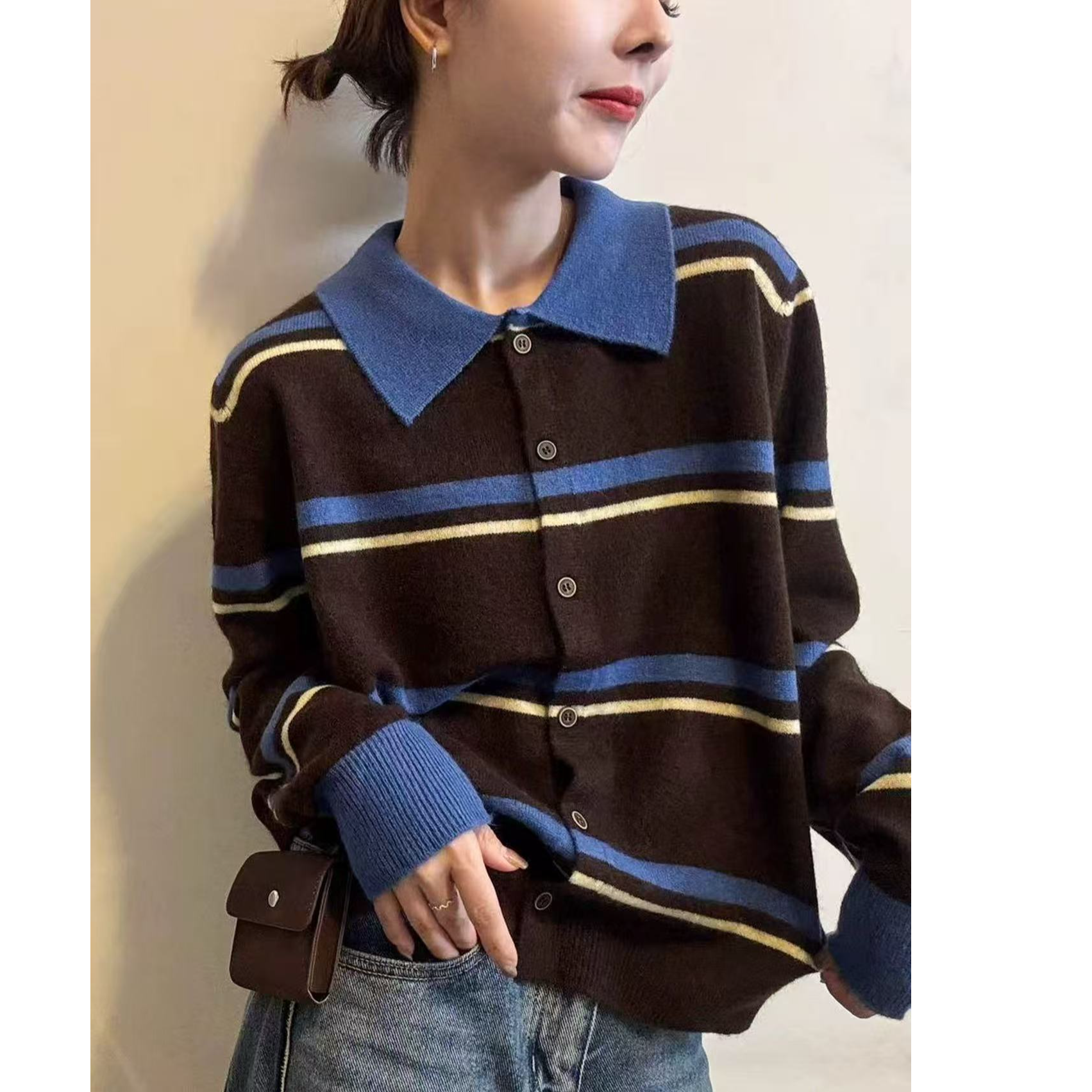 毛衣女针织衫撞色宽松显瘦方领百搭气质开衫上衣女1475