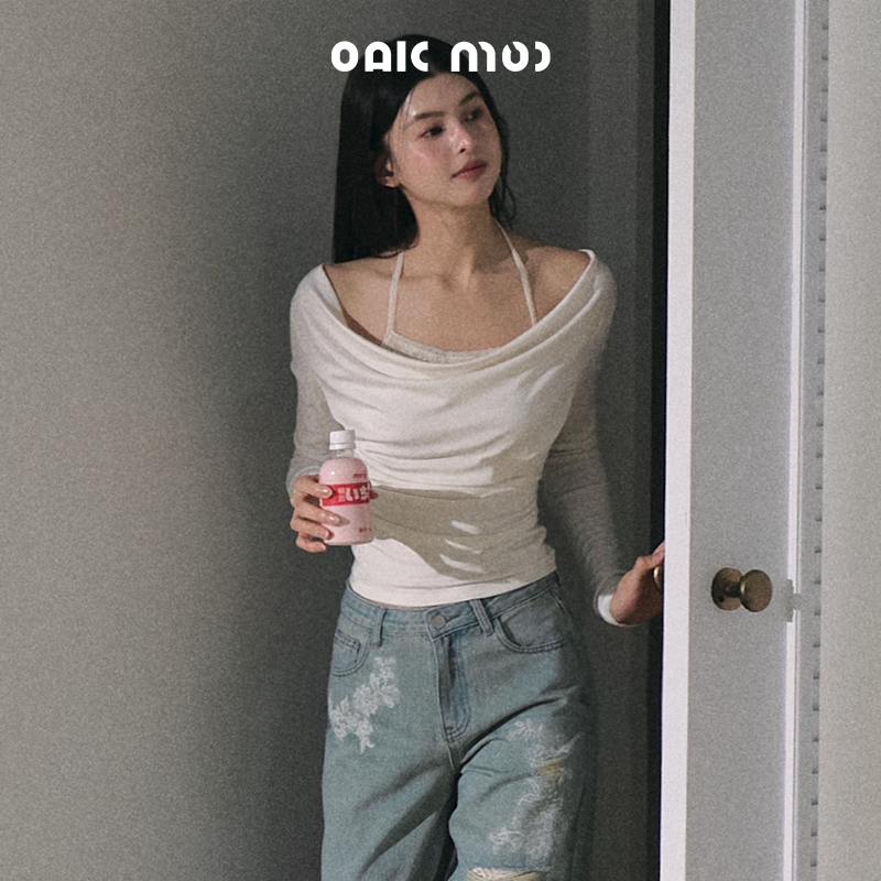 OAKMOO莫代尔假两件蕾丝吊带荡领针织衫收腰上衣