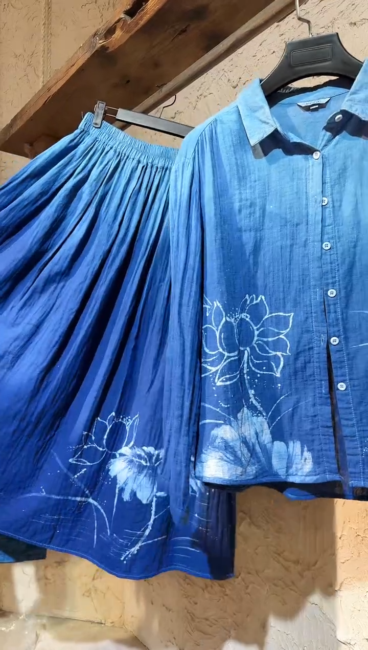 板蓝根蓝染蜡画荷花半裙