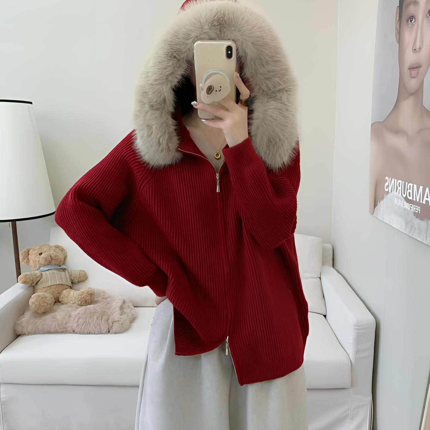 连帽针织开衫-10837大码女装秋冬棉质胖MM宽松纯色气质慵懒风