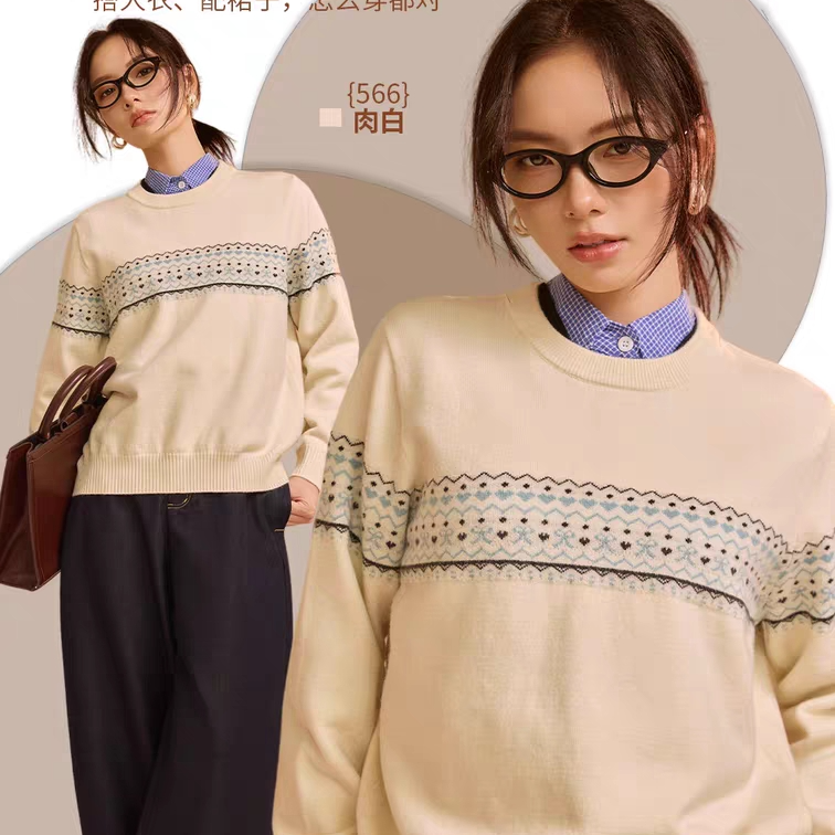 女士毛衫秋冬加厚圆领针织套头女款毛衣宽松休闲针织衫566