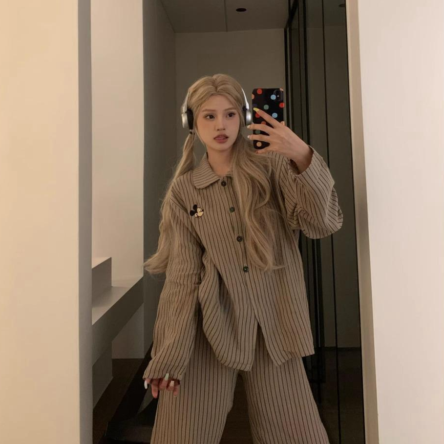 【长袖-美拉德米奇】春秋韩版云朵绵卡通长袖可爱睡衣女家居服套装