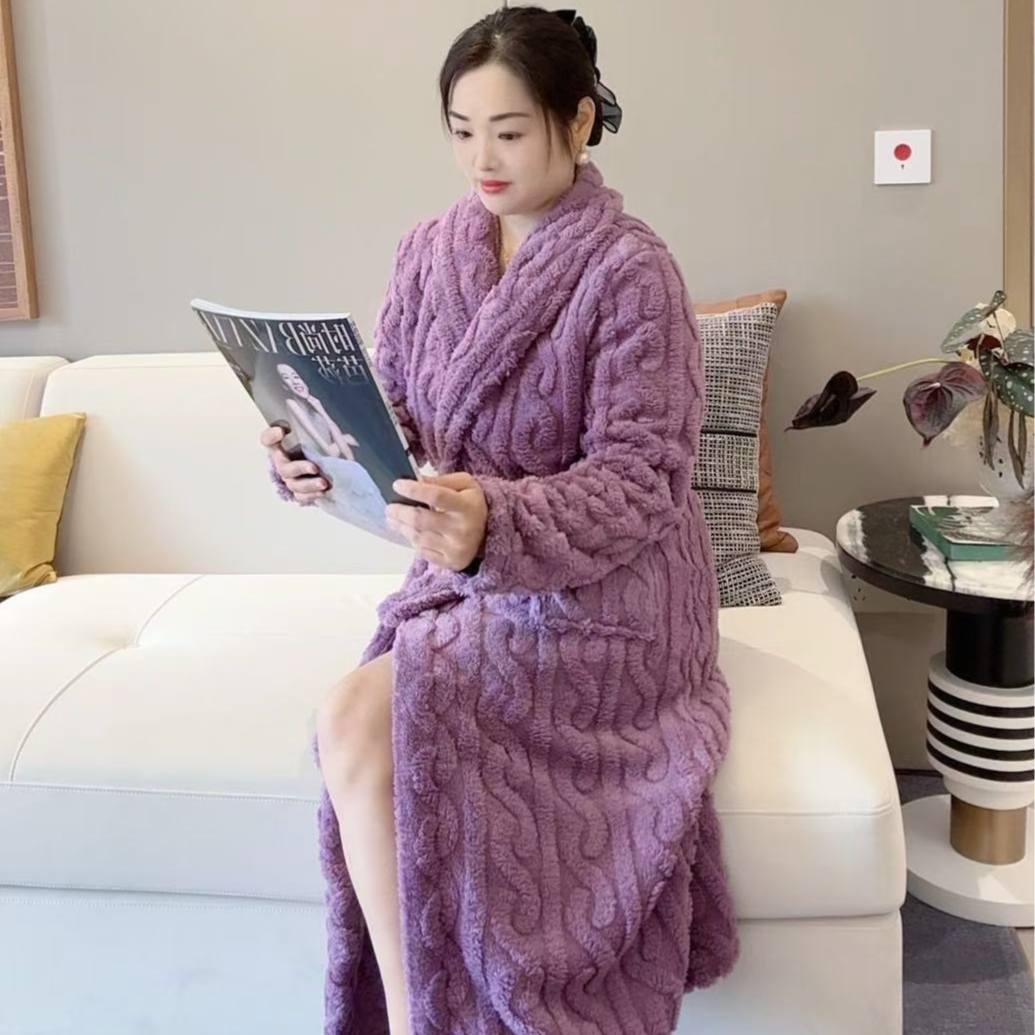秋冬季保暖甜美家居服长款浴袍睡袍加厚中长款宽松时尚气质网红