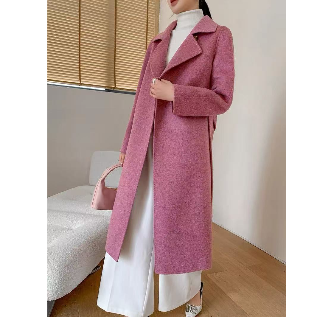 【奥黛丽】赫本风设计师款双面羊绒大衣女中长款宽松系带西装领