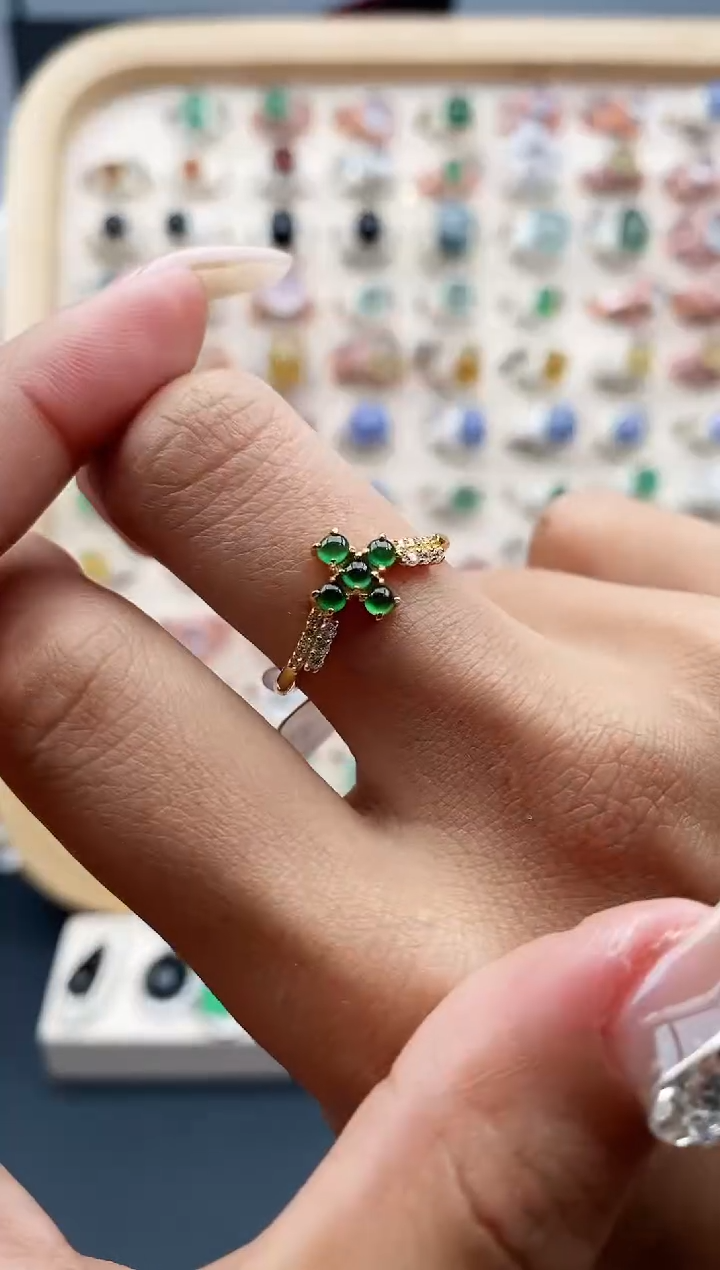 【闪购商品】翡翠戒指银S925镶嵌缅甸天然A货翡翠555  1+1