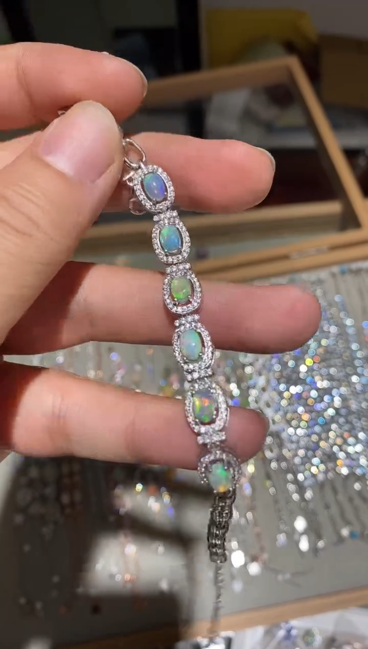 银S925镀金镶嵌欧泊手链手链