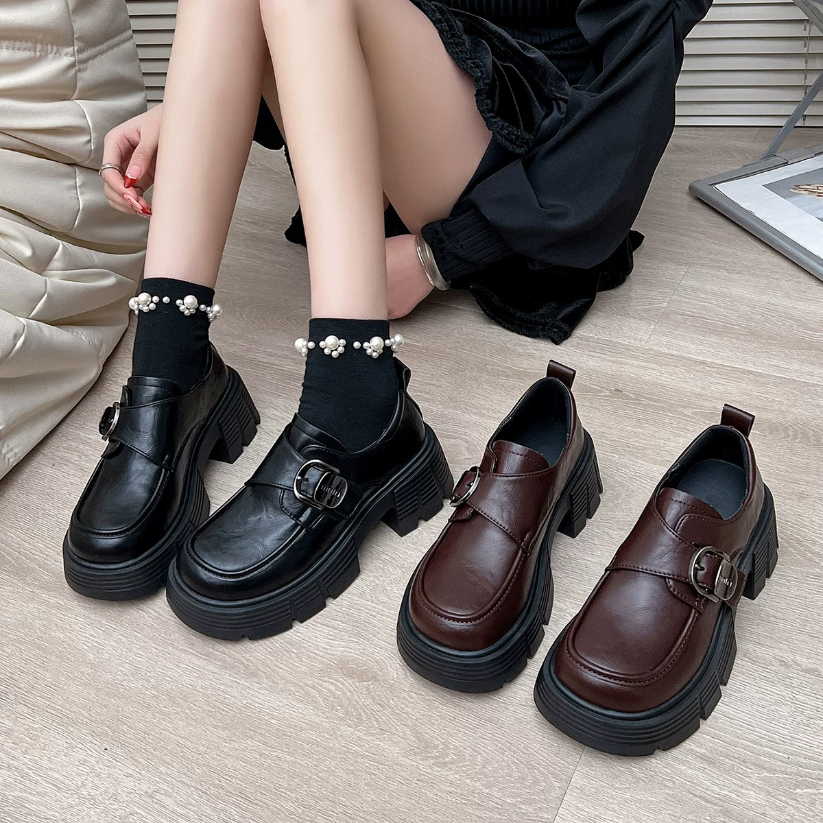 厚底小皮鞋女新款秋季英伦复古配裙子jk一脚蹬乐福鞋9266-26