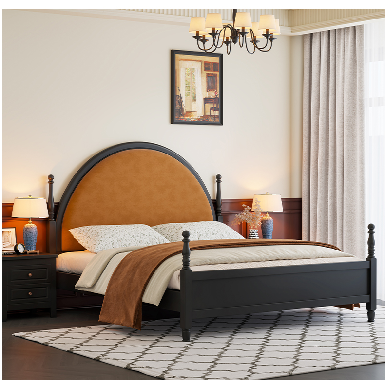 皮床高箱简约中古风雕花家用法式可移动轻奢美式实木床新中式