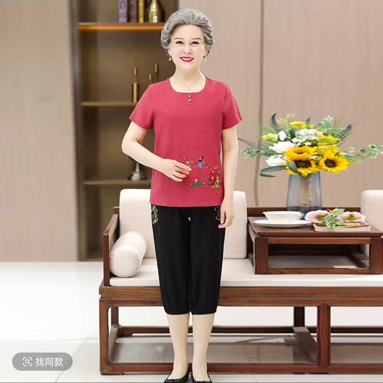 104-中老年上衣女装刺绣中年常规夏装t恤女装老人宽松型圆领大码