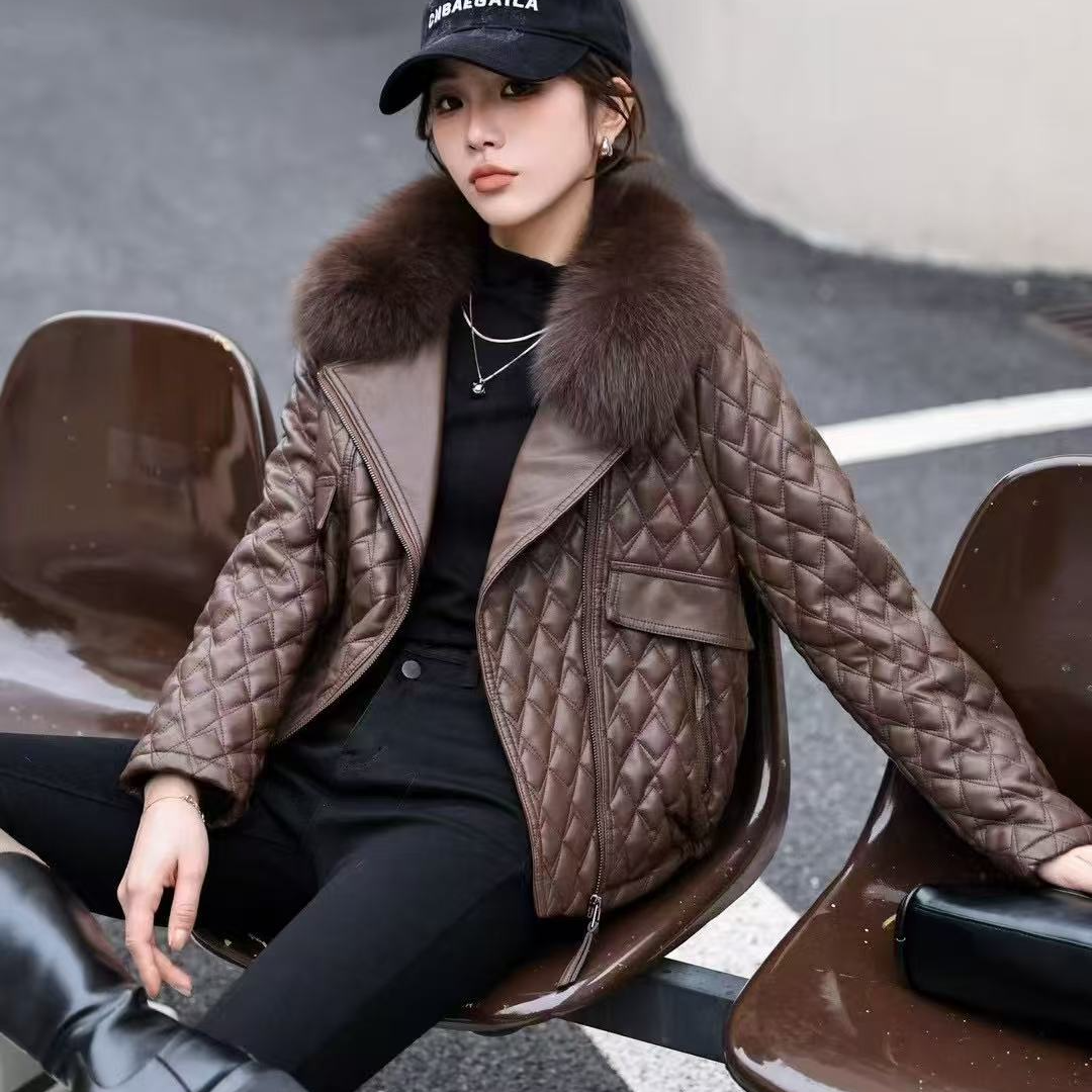 皮衣女2024冬装新款西装领加绒加厚高级感短款皮夹克外套