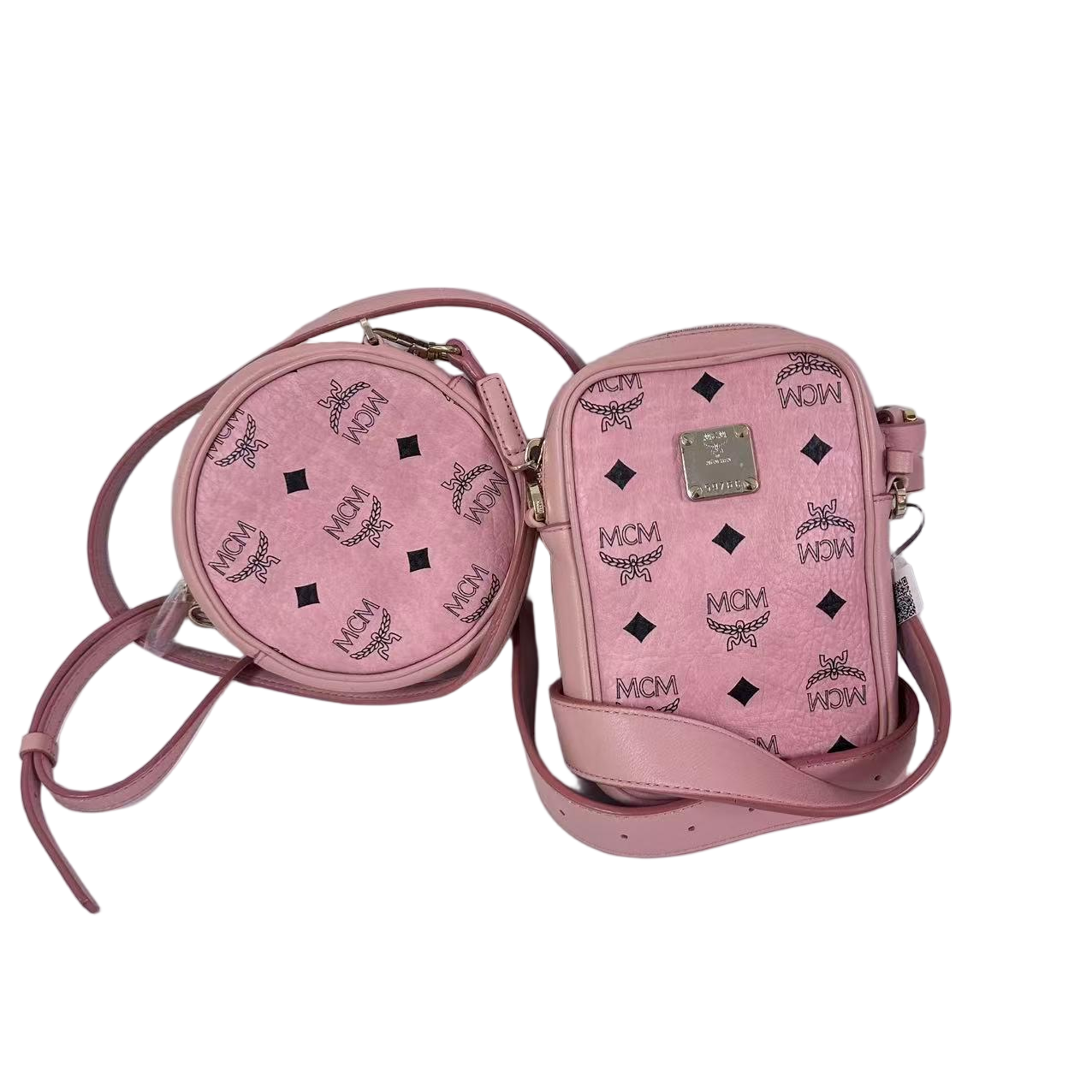 95新 MCM 经典老花粉色全皮斜挎女士包2511LQ365单肩百搭中古时尚