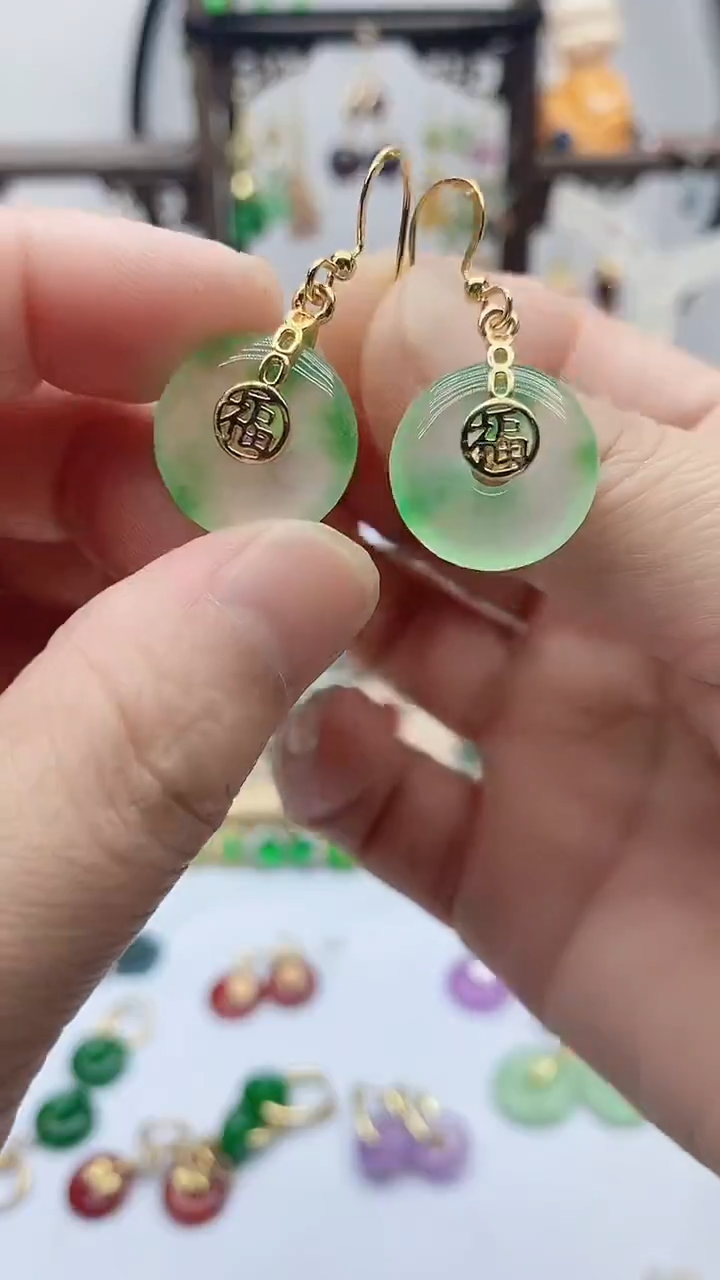 14K金镶嵌石英质玉（天山翠）耳饰204