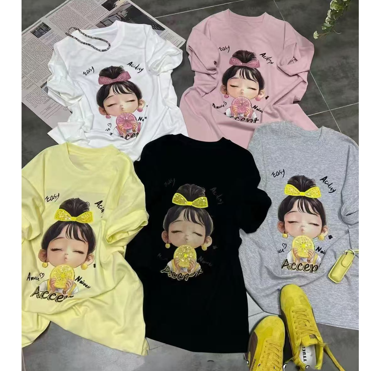 【锦衣服饰】SSJ 5017欧货蝴蝶结妹妹烫钻大版短袖T