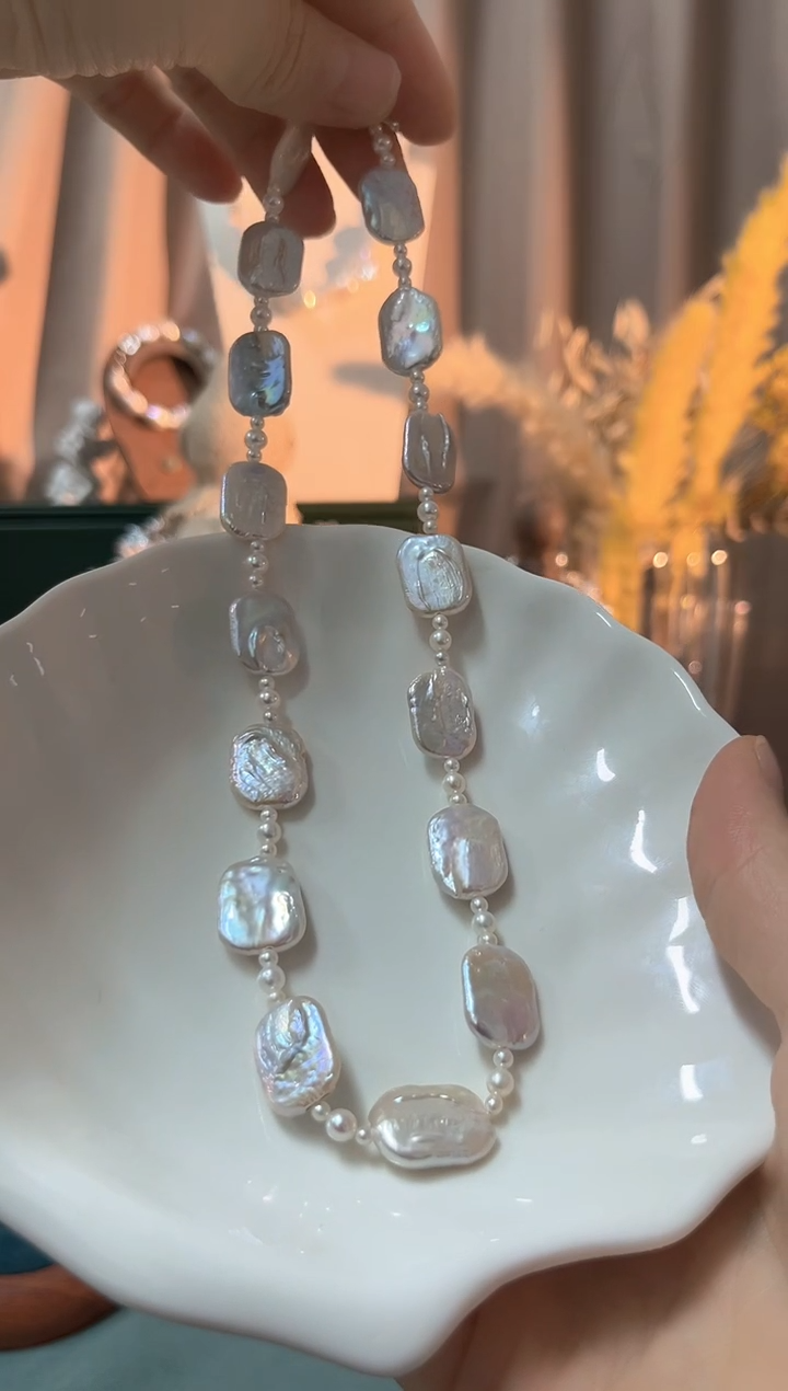 颈饰银S925镶嵌淡水珍珠方块满天星福利款（42cm长）