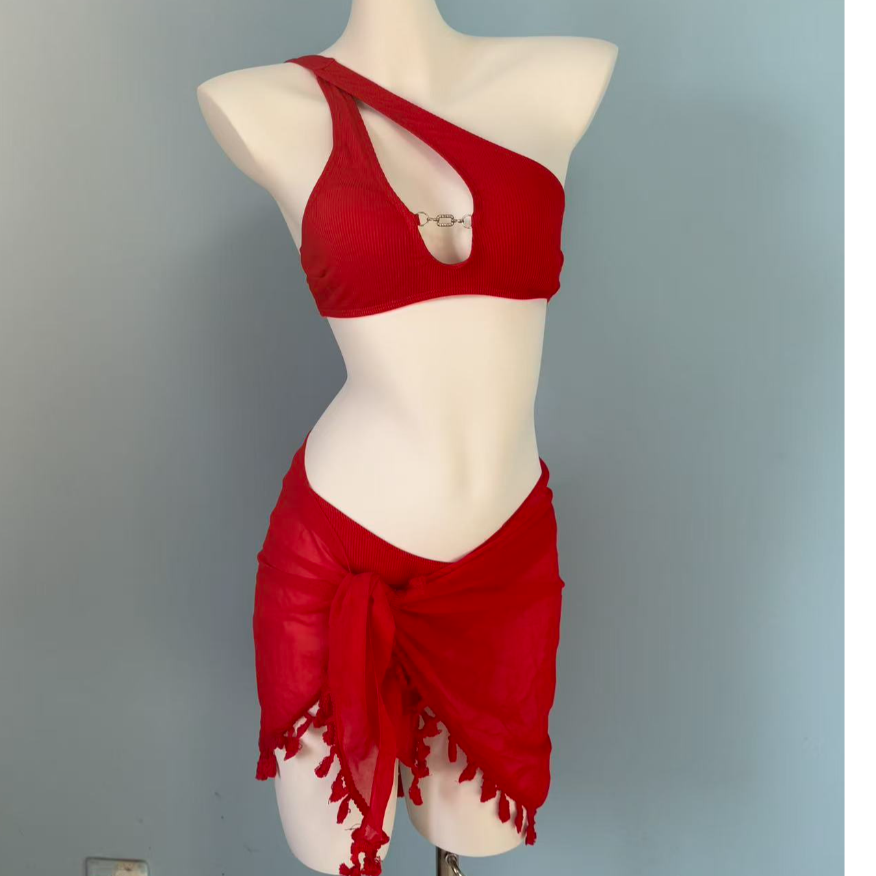 高质量红色比基尼分体三件套度假游泳