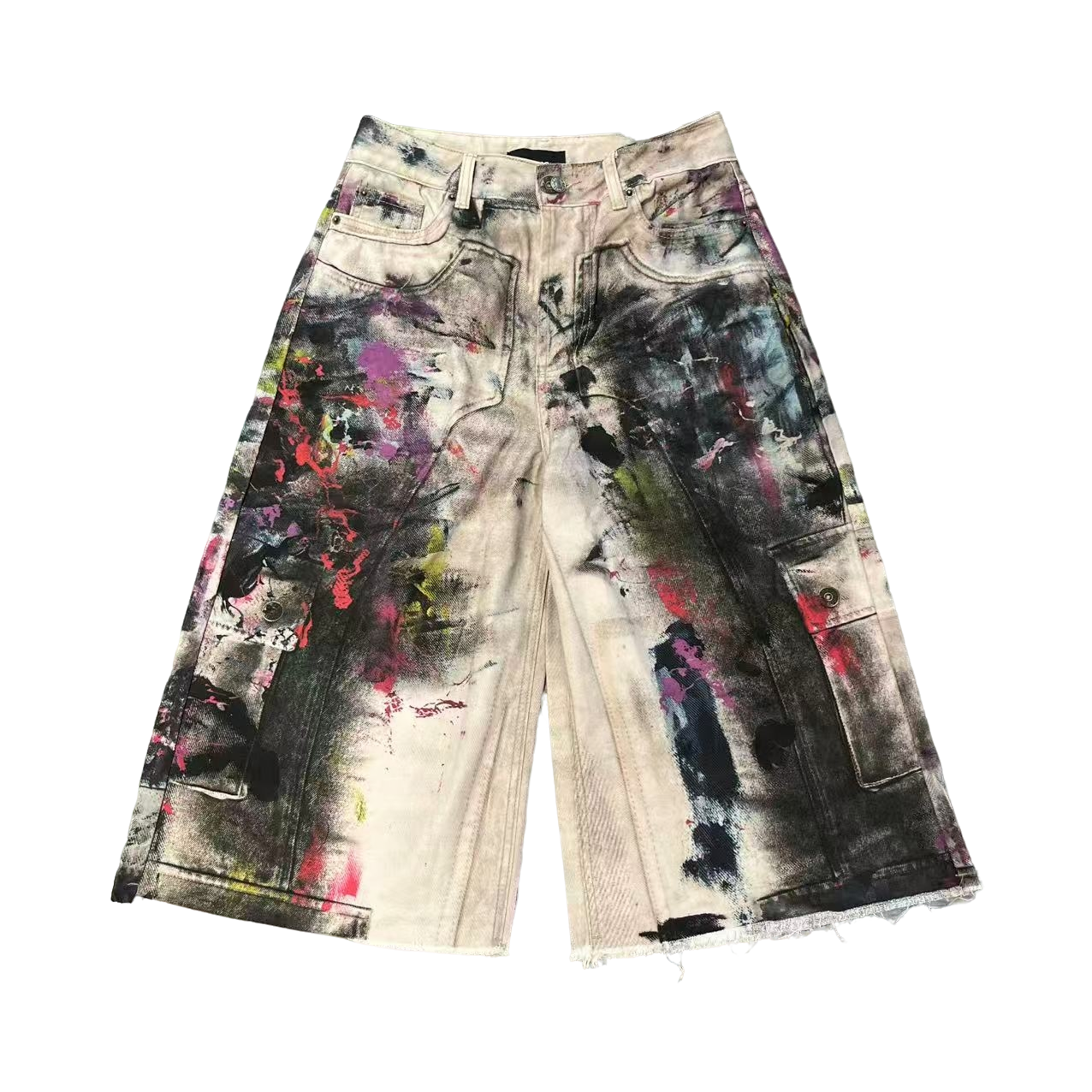洒墨涂鸦脏脏牛仔阔腿七分裤
