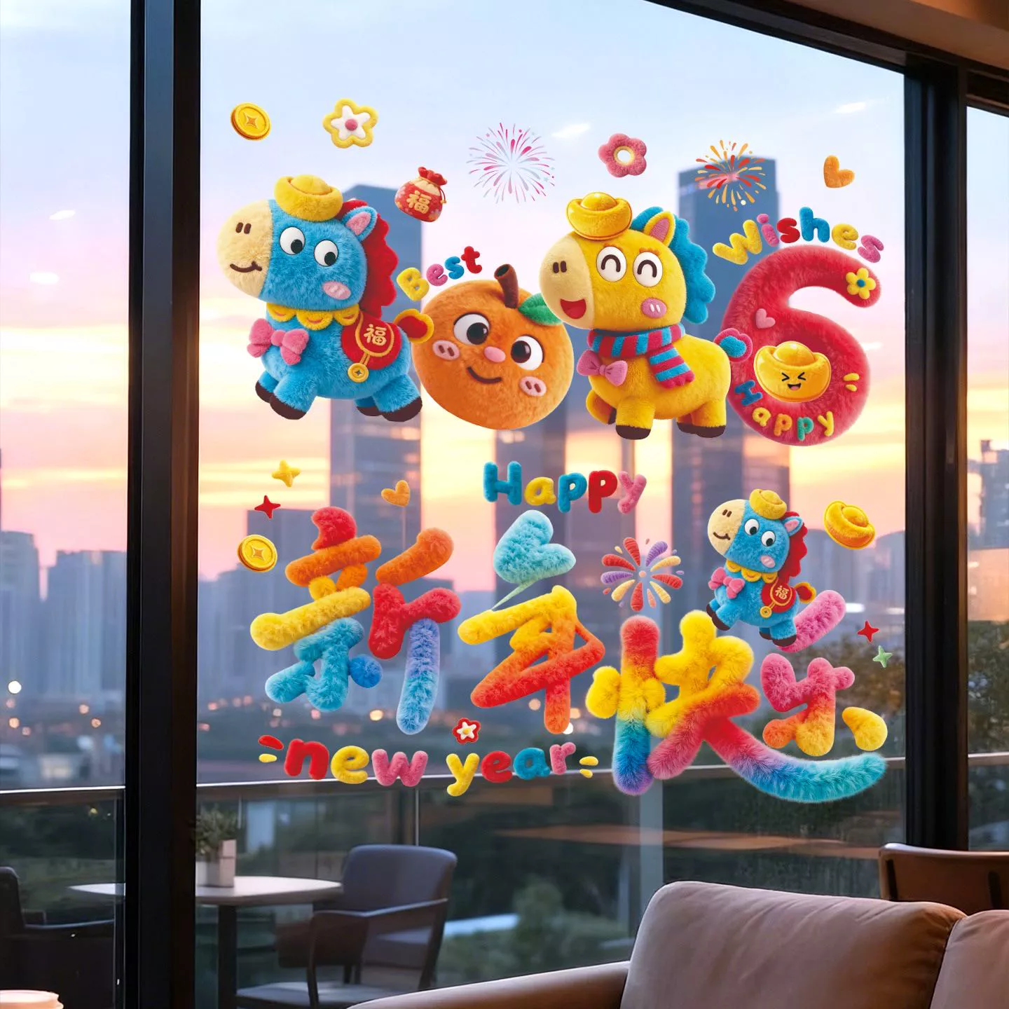 马年裸眼5D毛绒视觉质感可爱小马静电贴装饰橱窗玻璃装饰过年窗花