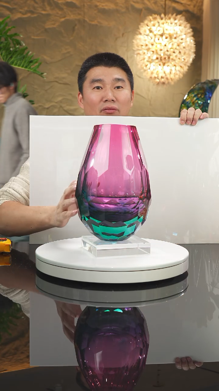 【闪购商品】摆件金红蓝切面花瓶带底座