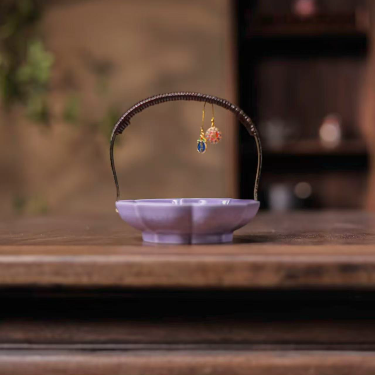 莲纹·祥龙提梁果盘 汝窑紫总高13.5cm碟高4cm（Q8481）