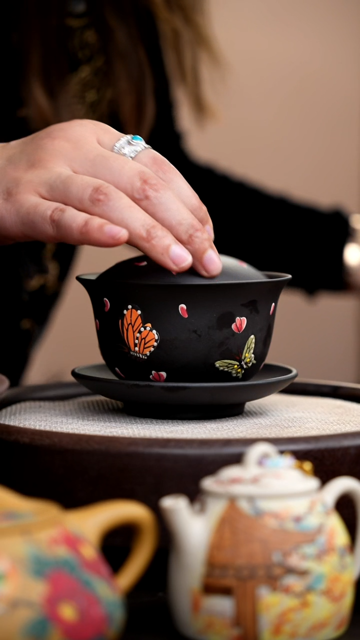 茶壶紫砂云雾天青蝴蝶三才盖碗