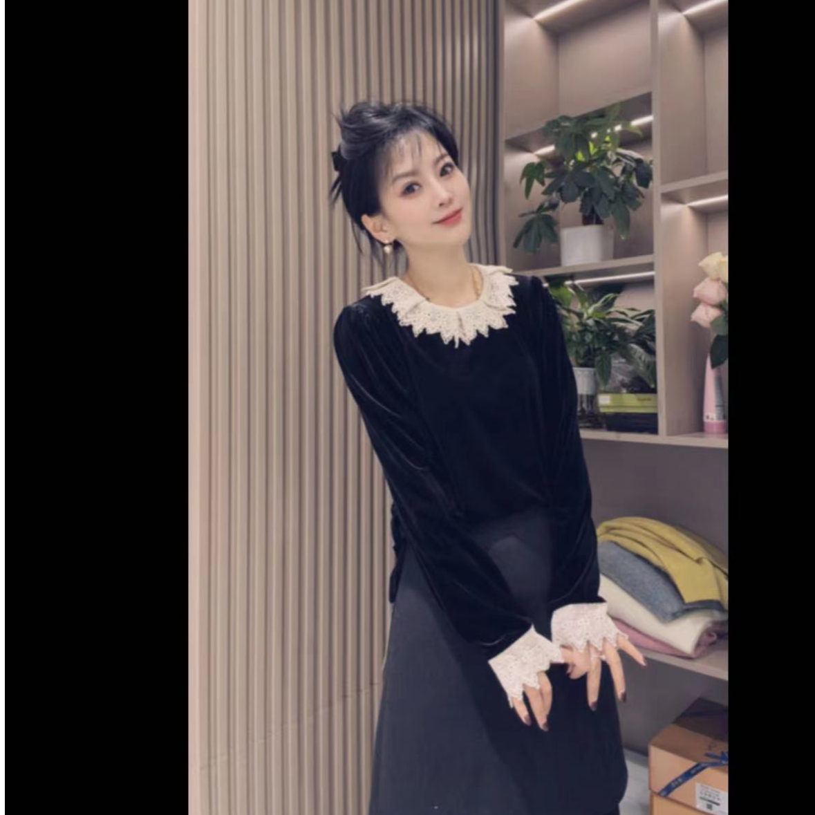 年款荷叶领丝绒T恤（不要浸泡）