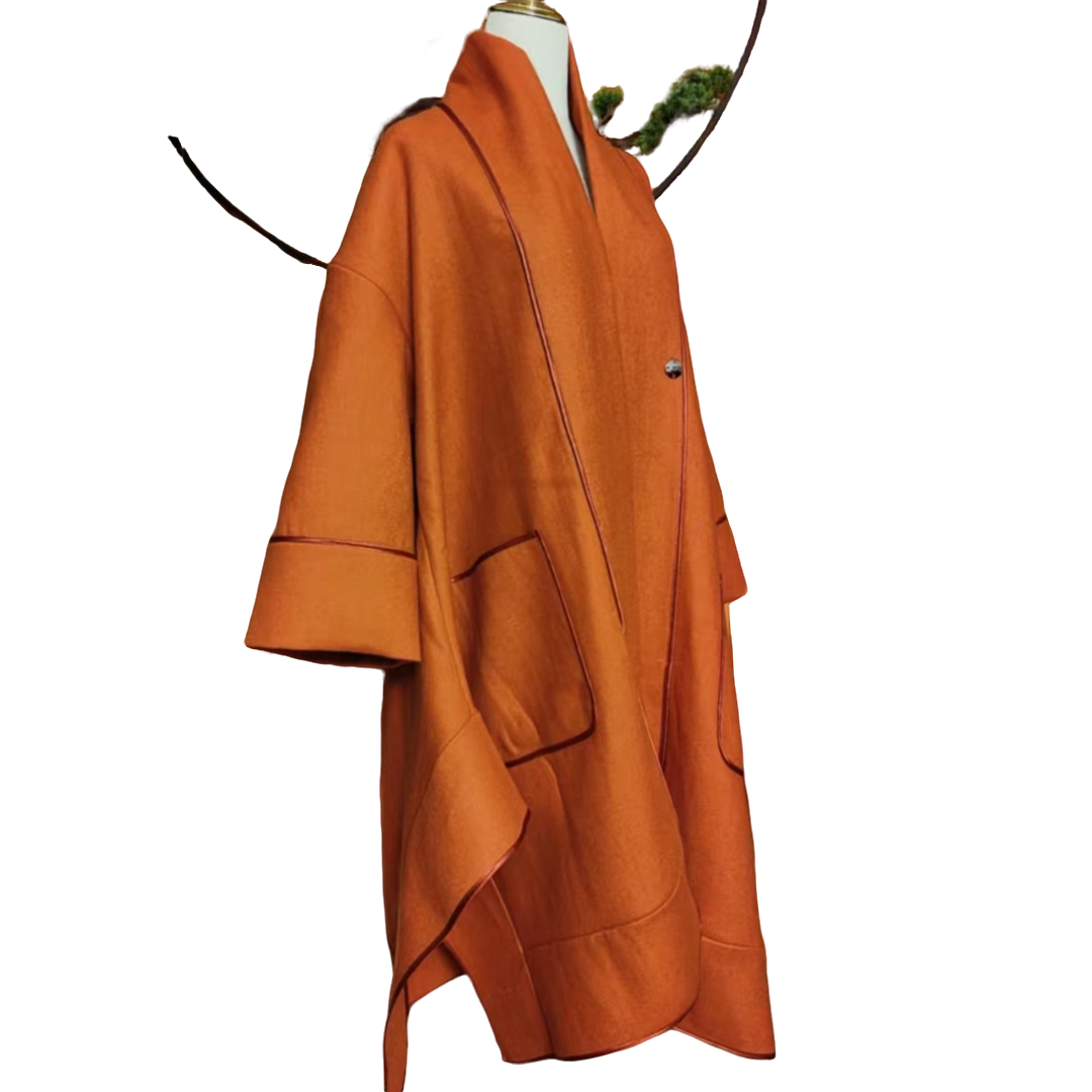 橘黄色全毛不规则大衣
