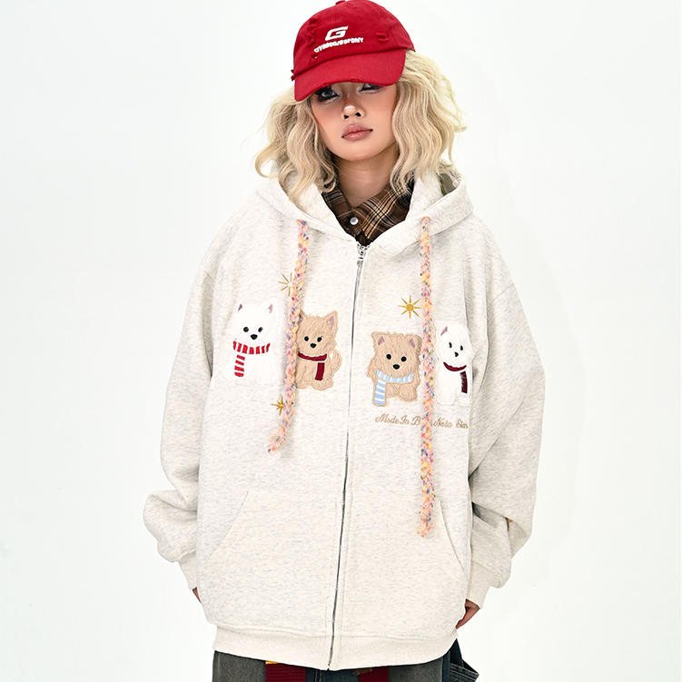 纯棉美式复古植绒刺绣小狗开衫连帽卫衣女男秋季宽松慵懒休闲外套
