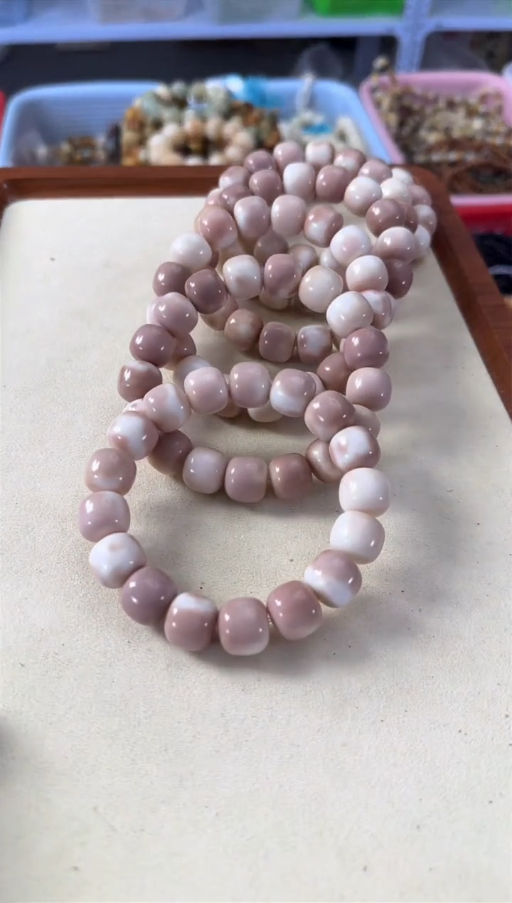 【闪购商品】白玉菩提手串14*菩提根粉色飘桶珠花单圈
