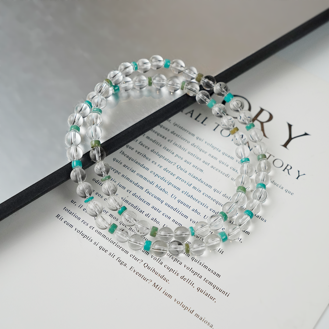 【一泓】小药片原矿绿松石 配饰双a白水晶 拍下备注手围869206