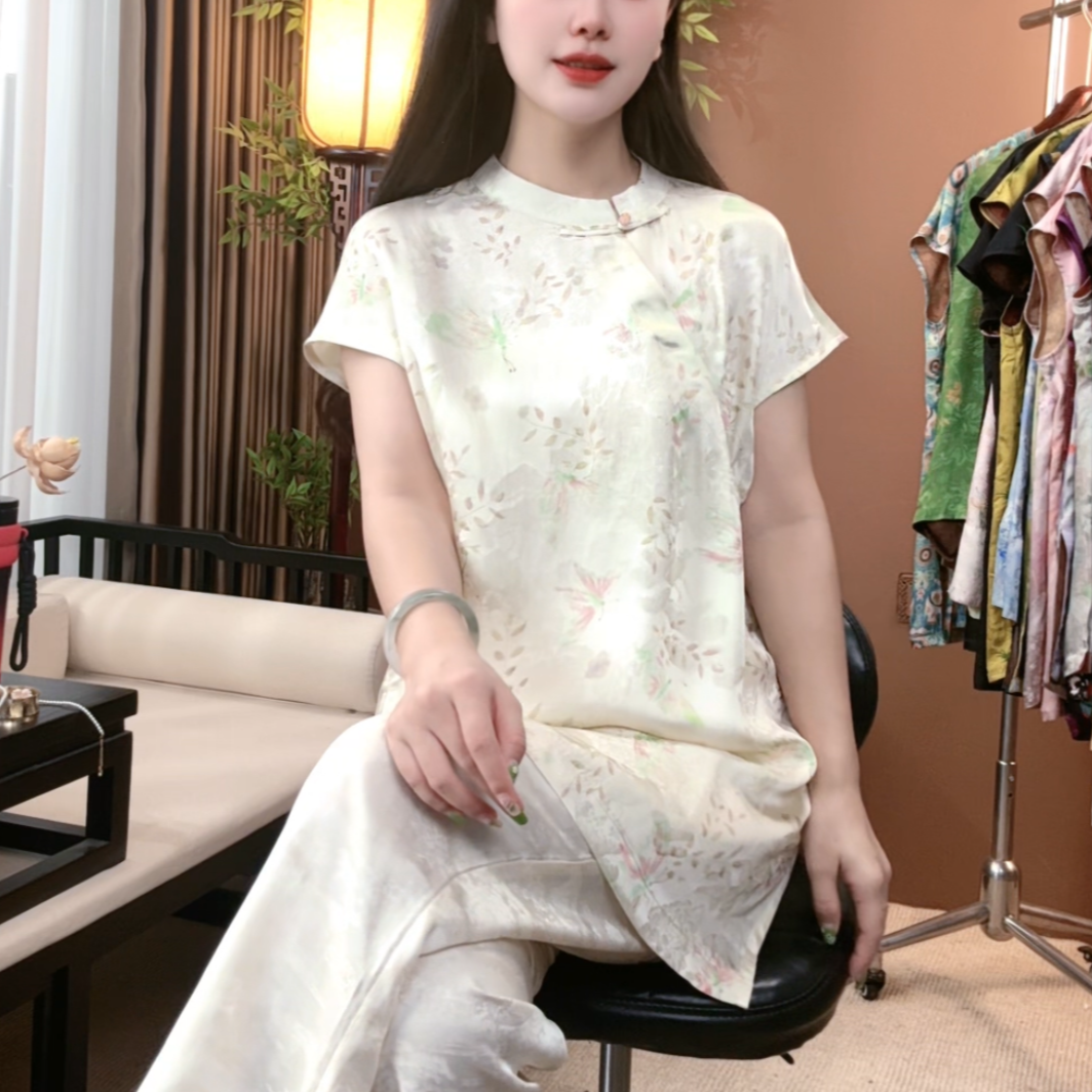 夏季新中式桑蚕丝盘扣短袖时尚提花中国风百搭上衣女S106