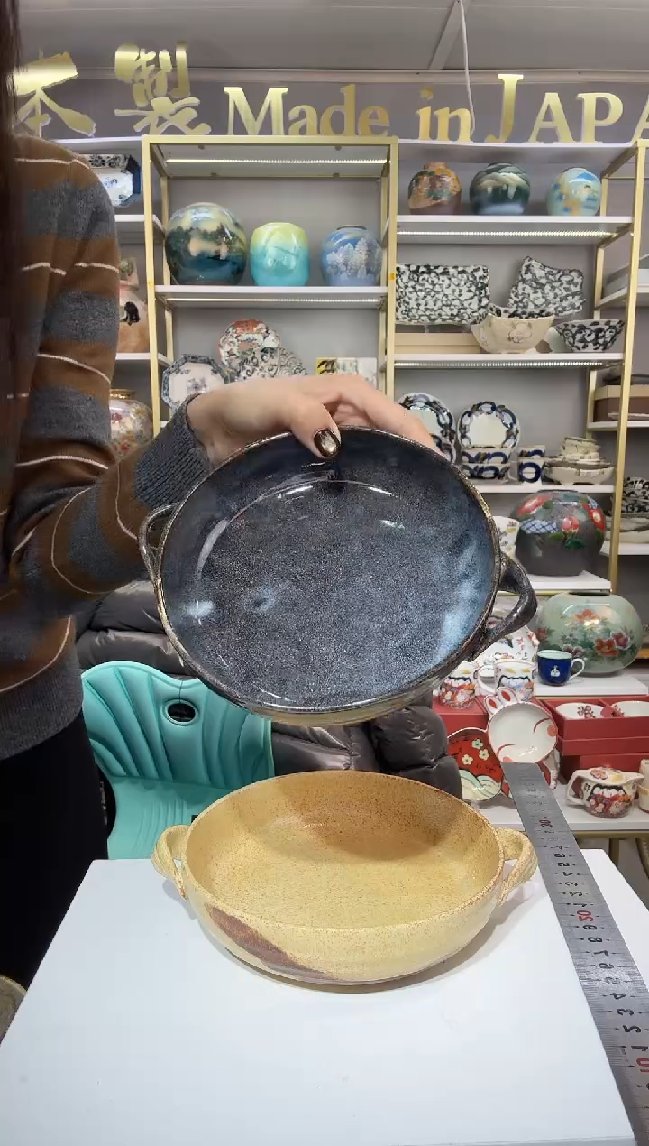 陶瓷灶师窑16cm双耳盘一只装深蓝色