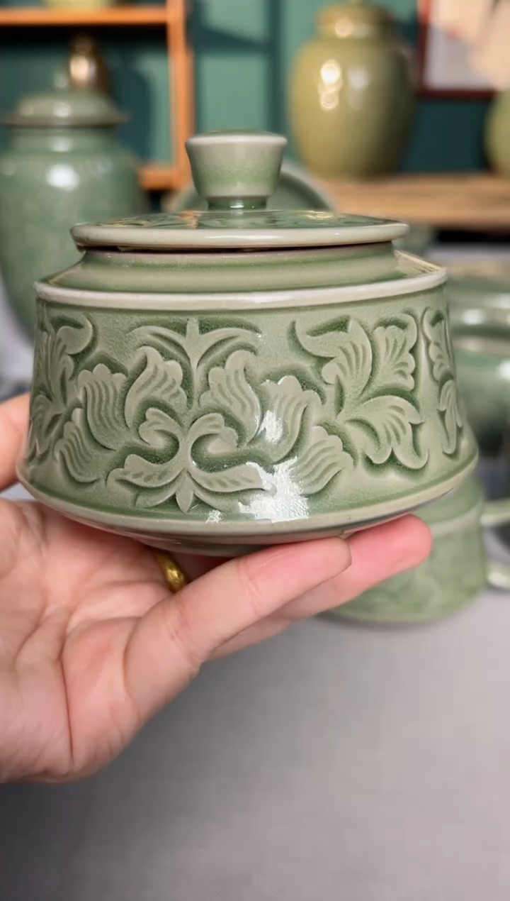 【闪购商品】其他耀州窑纯手工刻花牡丹汉阙茶罐微瑕失圆