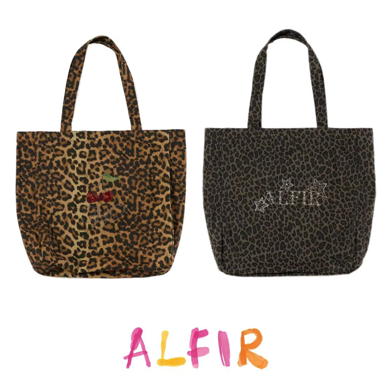 Alfir·豹纹镶钻帆布包 时尚豹纹设计感通勤百搭大容量单肩帆布包